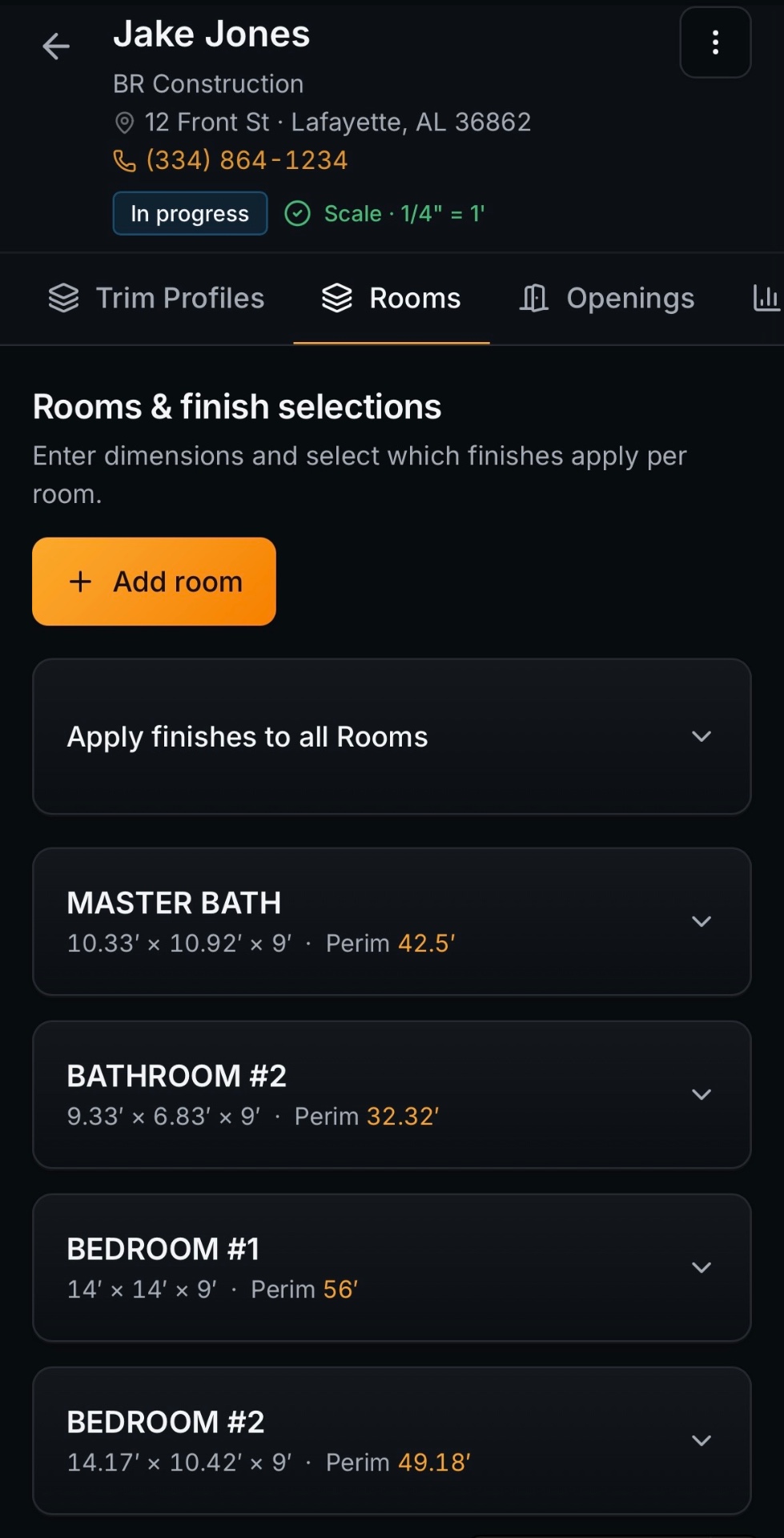 Room and finish selections